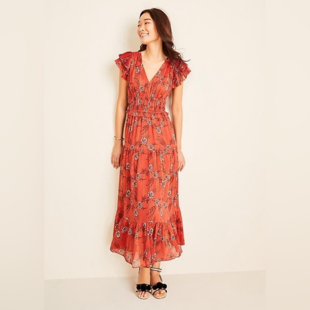 Ann Taylor ✨ Shimmer 🧡 Floral 🏵️ Flutter Sleeve Maxi Dress in 12P
